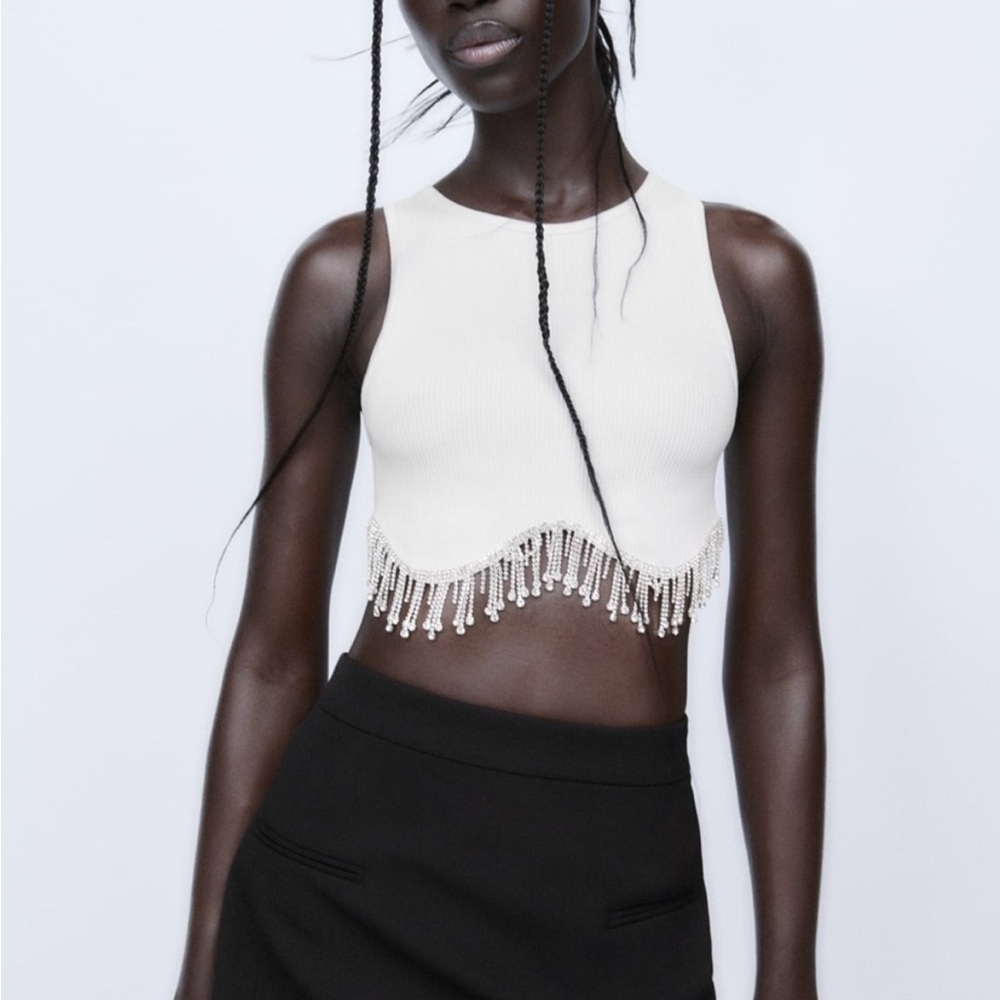 Zara White Sleeveless crop Top with Beaded Fringe